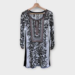 NIC+ZOE Stretch Knit Ruched Sleeve Tunic Top in Graphic Abstract Floral, size L